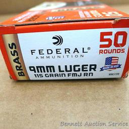 50 rounds 9mm with coated round nose bullets, various headstamps