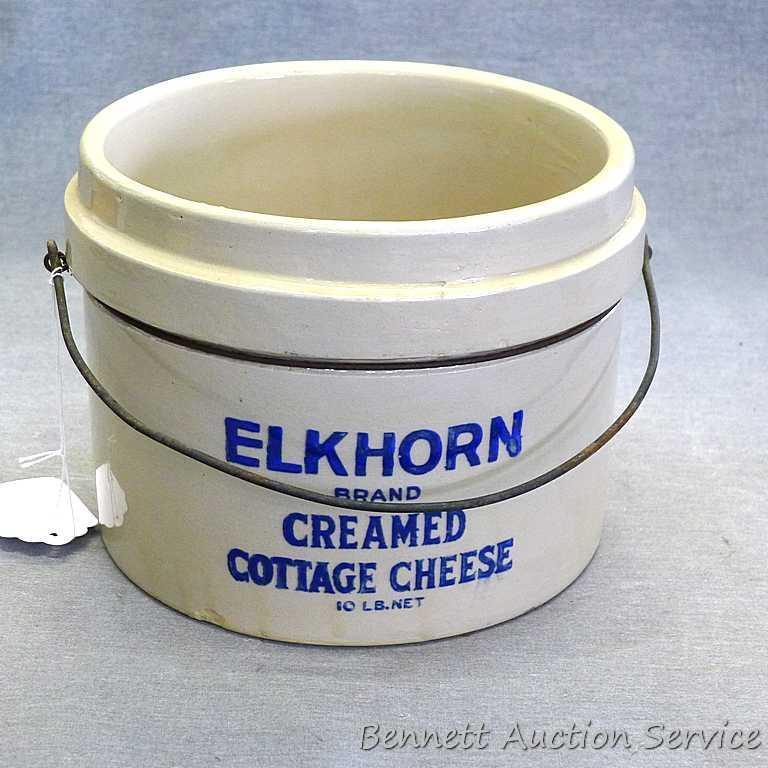 Wonderful stoneware crock or pail once held 10 lbs net of Elkhorn Brand Creamed Cottage Cheese.