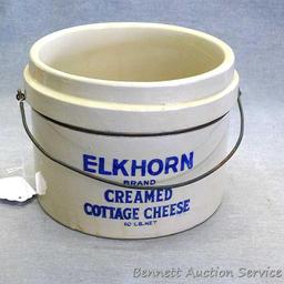 Wonderful stoneware crock or pail once held 10 lbs net of Elkhorn Brand Creamed Cottage Cheese.