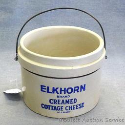 Wonderful stoneware crock or pail once held 10 lbs net of Elkhorn Brand Creamed Cottage Cheese.