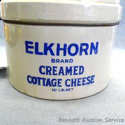 Wonderful stoneware crock or pail once held 10 lbs net of Elkhorn Brand Creamed Cottage Cheese.