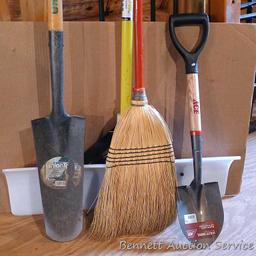 Union tree planting shovel, nice Libman broom, handy Ace utility shovel, and a 29-1/2" wide snow