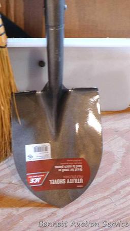 Union tree planting shovel, nice Libman broom, handy Ace utility shovel, and a 29-1/2" wide snow