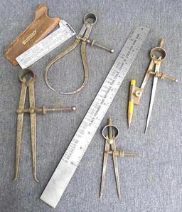 Starrett 6" outside calipers, Craftsman 7" inside calipers, compass and dividers, Burndy wire-MIKE,
