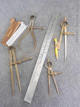 Starrett 6" outside calipers, Craftsman 7" inside calipers, compass and dividers, Burndy wire-MIKE,