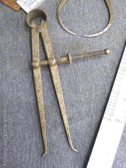 Starrett 6" outside calipers, Craftsman 7" inside calipers, compass and dividers, Burndy wire-MIKE,