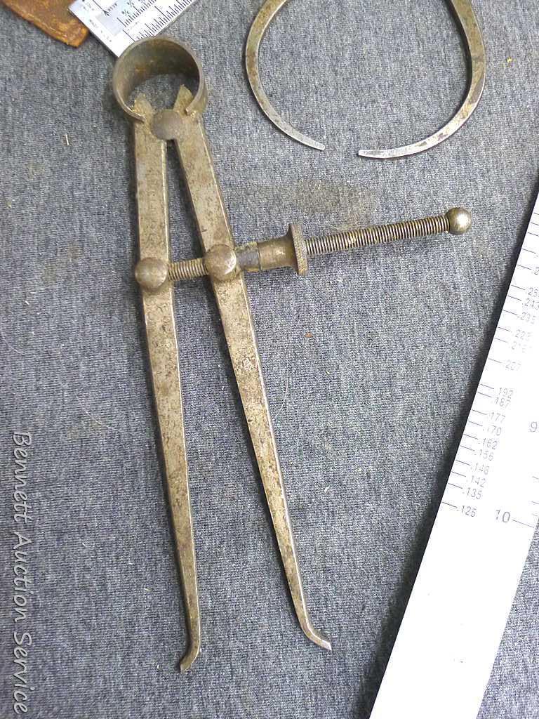 Starrett 6" outside calipers, Craftsman 7" inside calipers, compass and dividers, Burndy wire-MIKE,