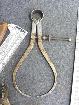 Starrett 6" outside calipers, Craftsman 7" inside calipers, compass and dividers, Burndy wire-MIKE,
