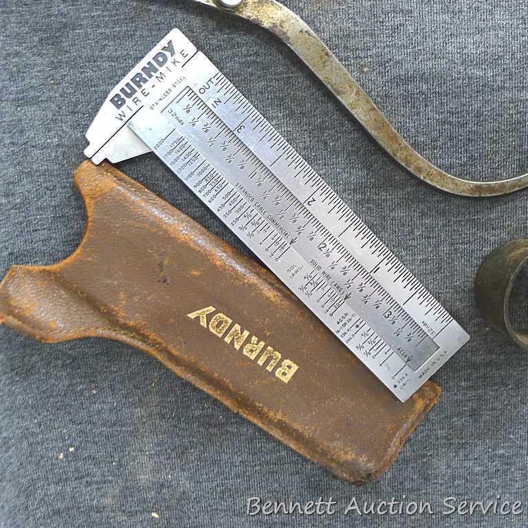 Starrett 6" outside calipers, Craftsman 7" inside calipers, compass and dividers, Burndy wire-MIKE,