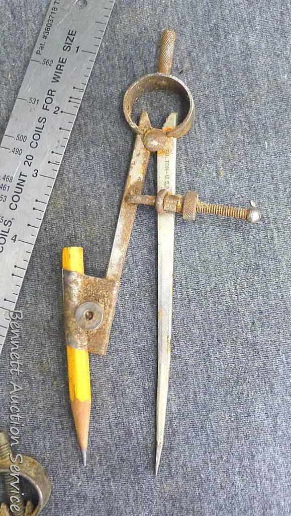 Starrett 6" outside calipers, Craftsman 7" inside calipers, compass and dividers, Burndy wire-MIKE,