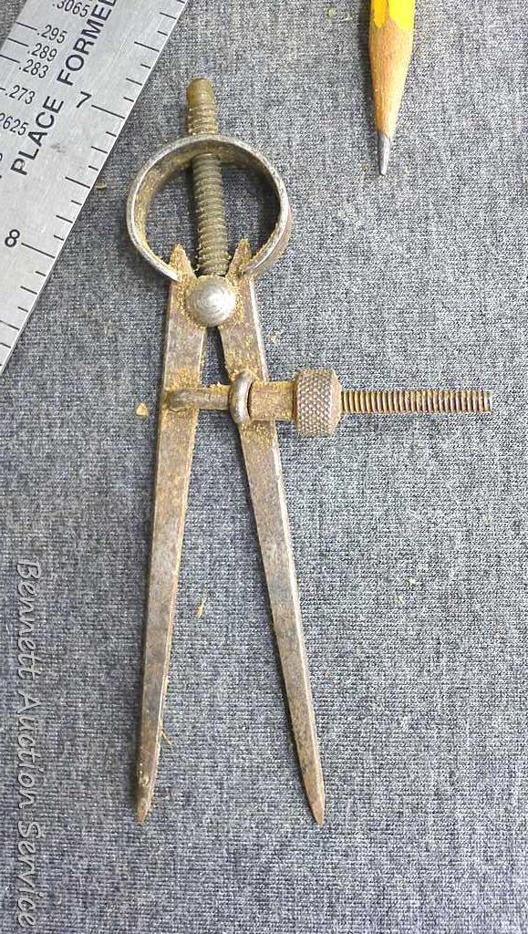 Starrett 6" outside calipers, Craftsman 7" inside calipers, compass and dividers, Burndy wire-MIKE,
