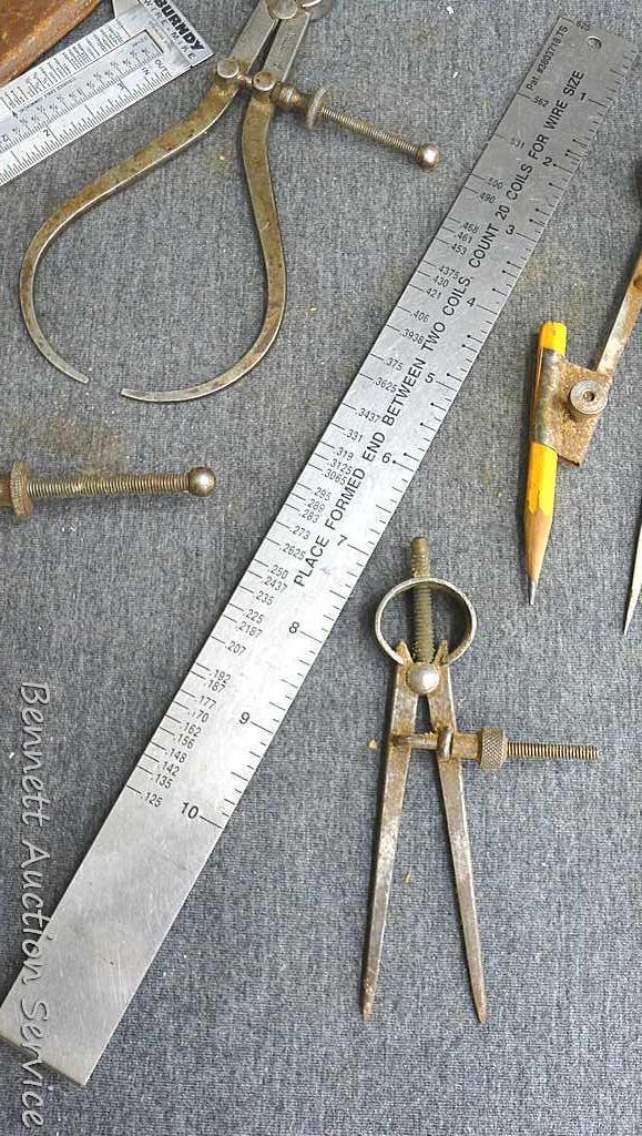 Starrett 6" outside calipers, Craftsman 7" inside calipers, compass and dividers, Burndy wire-MIKE,