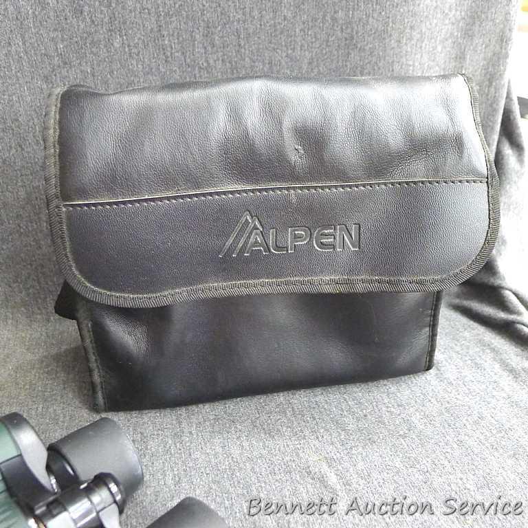 Alpen binoculars, 10 x 50 WA, includes lens cover's and soft carrying case; measures 7-1/2" x