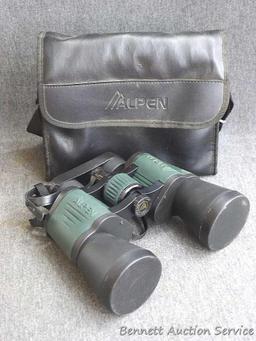 Alpen binoculars, 10 x 50 WA, includes lens cover's and soft carrying case; measures 7-1/2" x