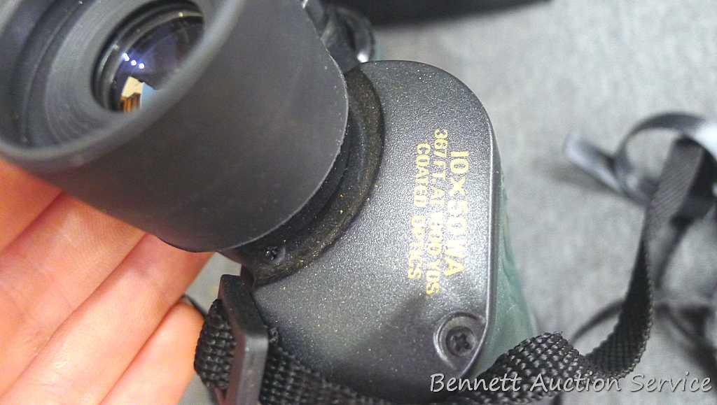 Alpen binoculars, 10 x 50 WA, includes lens cover's and soft carrying case; measures 7-1/2" x