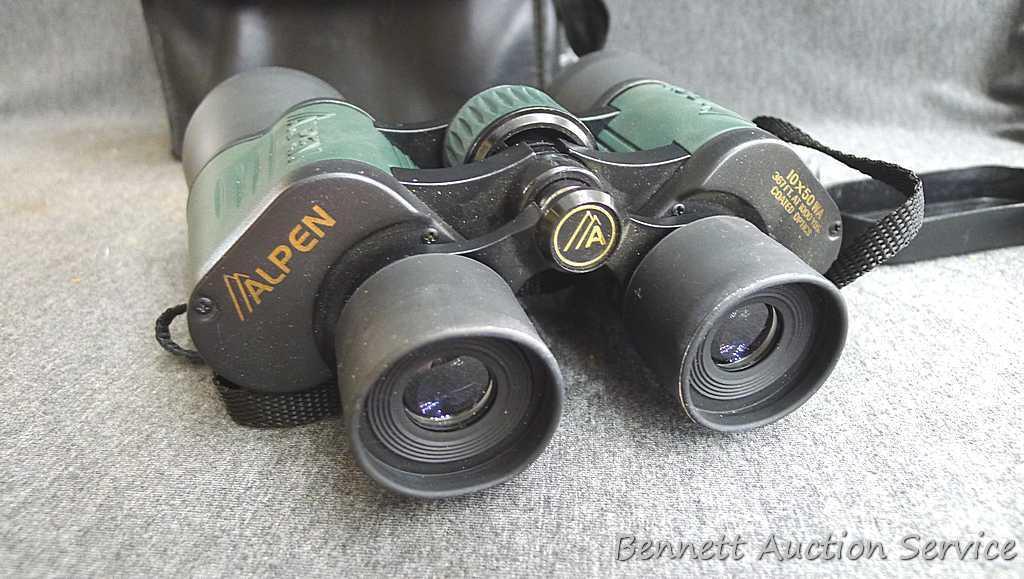 Alpen binoculars, 10 x 50 WA, includes lens cover's and soft carrying case; measures 7-1/2" x