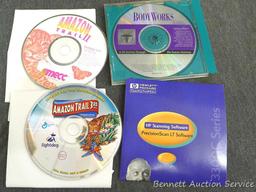 Box of computer game cd's whitetail hunting game, pin ball science, toy story, new ways things work,