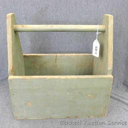 Nice sturdy wooden hand held tool box which measures approx.. 15" x 9" x 16".