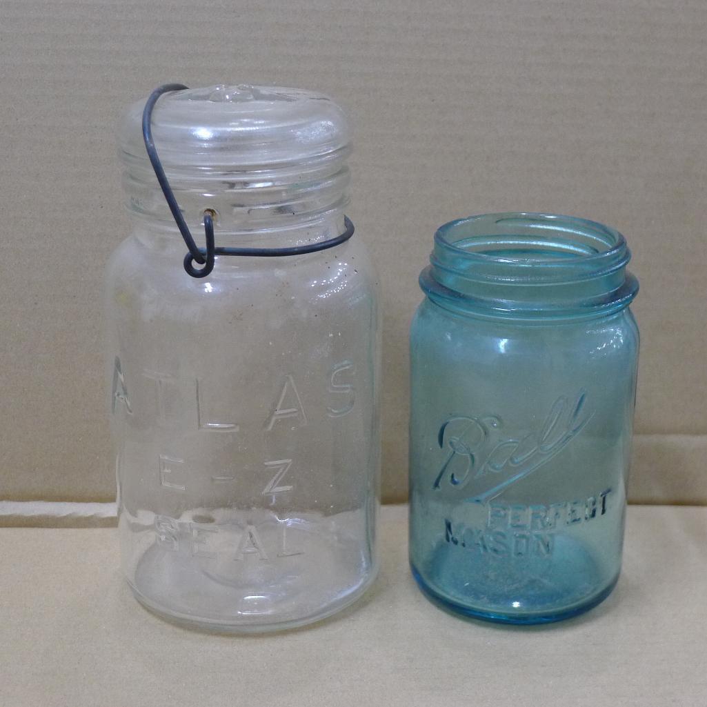 Blue Ball jar, bale top Atlas jar, Bowman Dairy Co and other half pint cream jars, and a cute little