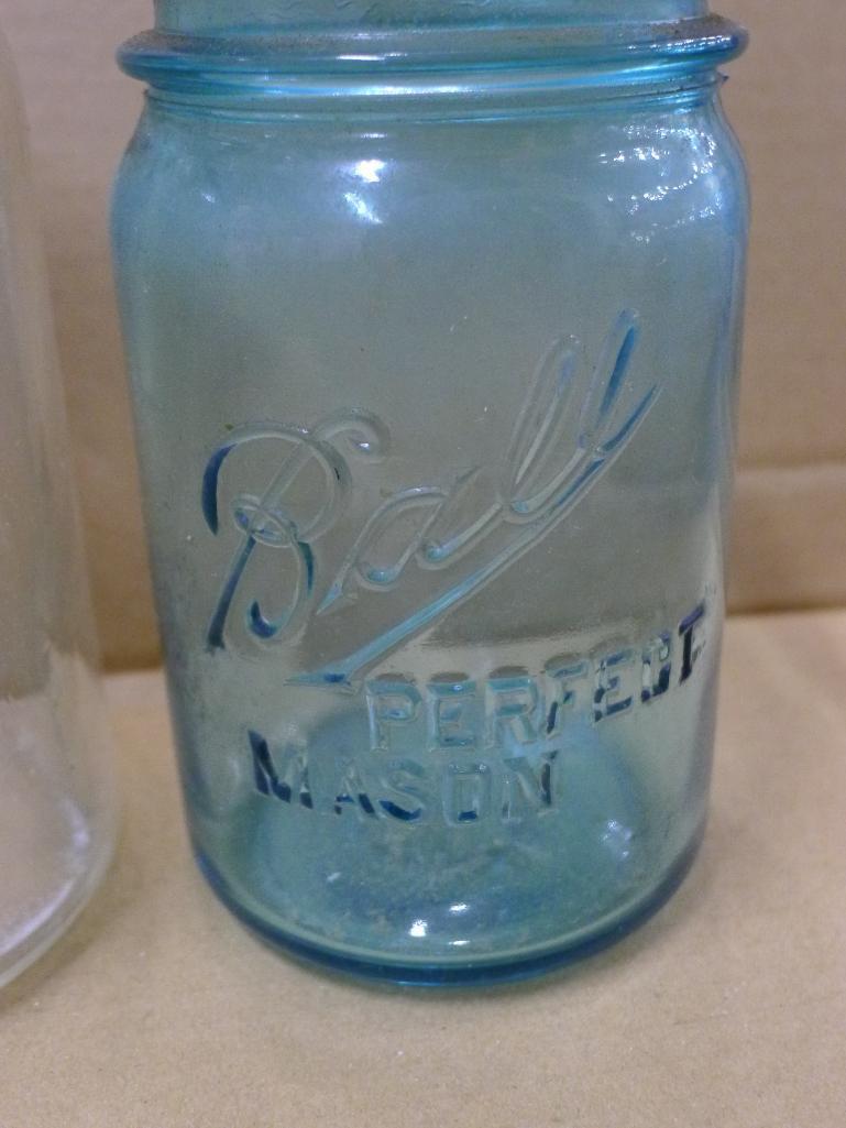 Blue Ball jar, bale top Atlas jar, Bowman Dairy Co and other half pint cream jars, and a cute little