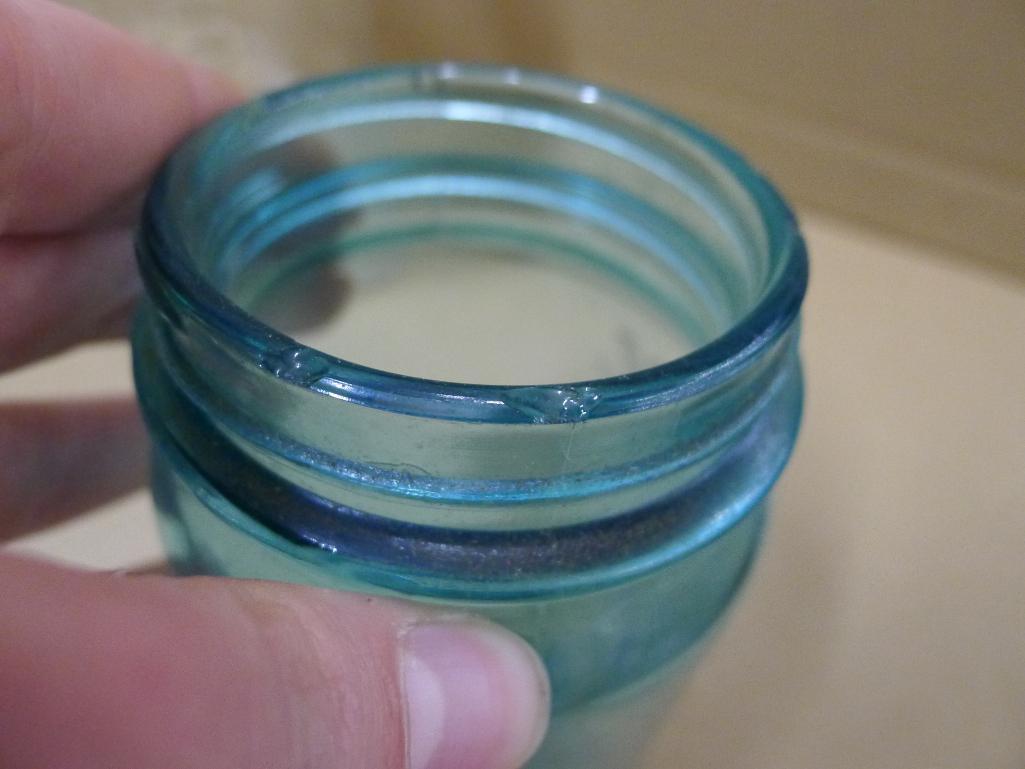 Blue Ball jar, bale top Atlas jar, Bowman Dairy Co and other half pint cream jars, and a cute little