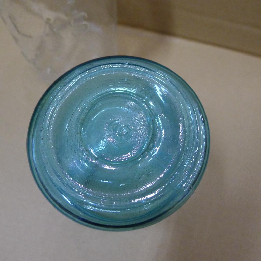 Blue Ball jar, bale top Atlas jar, Bowman Dairy Co and other half pint cream jars, and a cute little