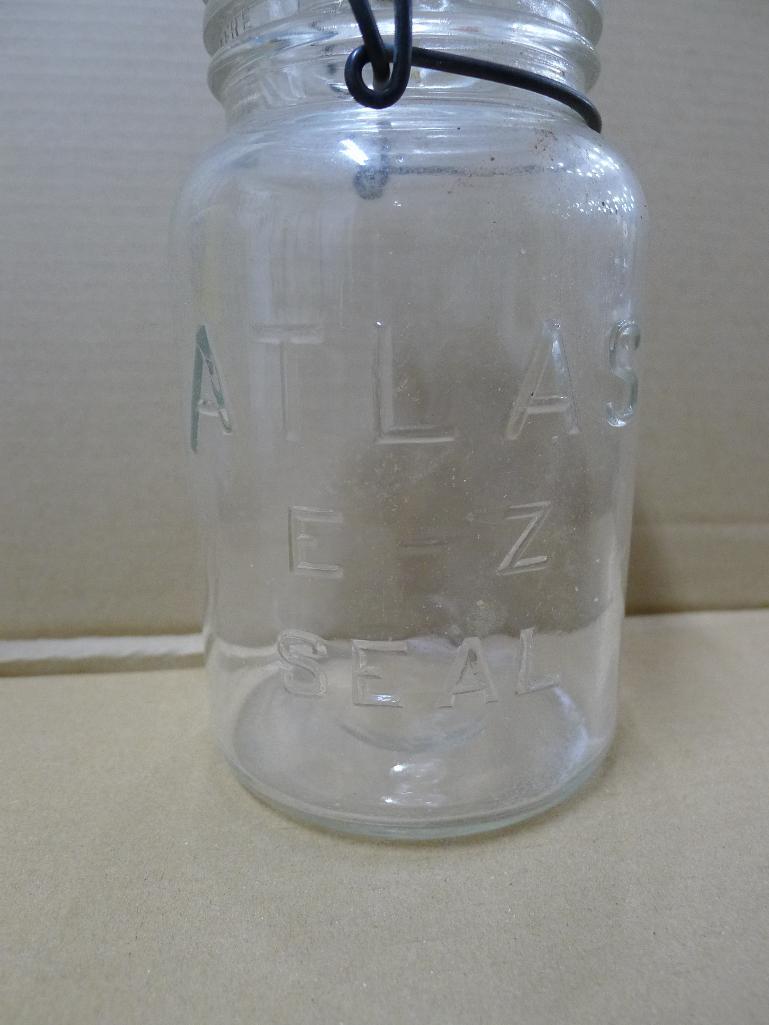 Blue Ball jar, bale top Atlas jar, Bowman Dairy Co and other half pint cream jars, and a cute little