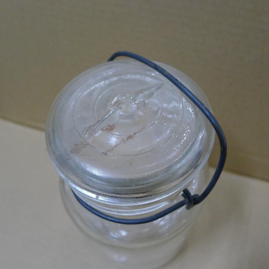 Blue Ball jar, bale top Atlas jar, Bowman Dairy Co and other half pint cream jars, and a cute little