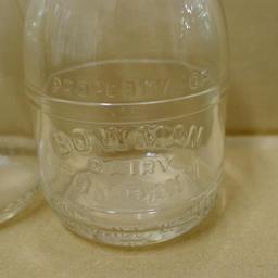 Blue Ball jar, bale top Atlas jar, Bowman Dairy Co and other half pint cream jars, and a cute little