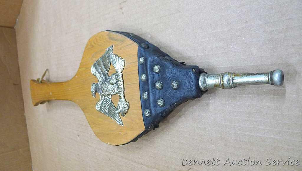Two fireplace bellows up to 22" long. Small cracking noted on leather of larger ones, but both blow