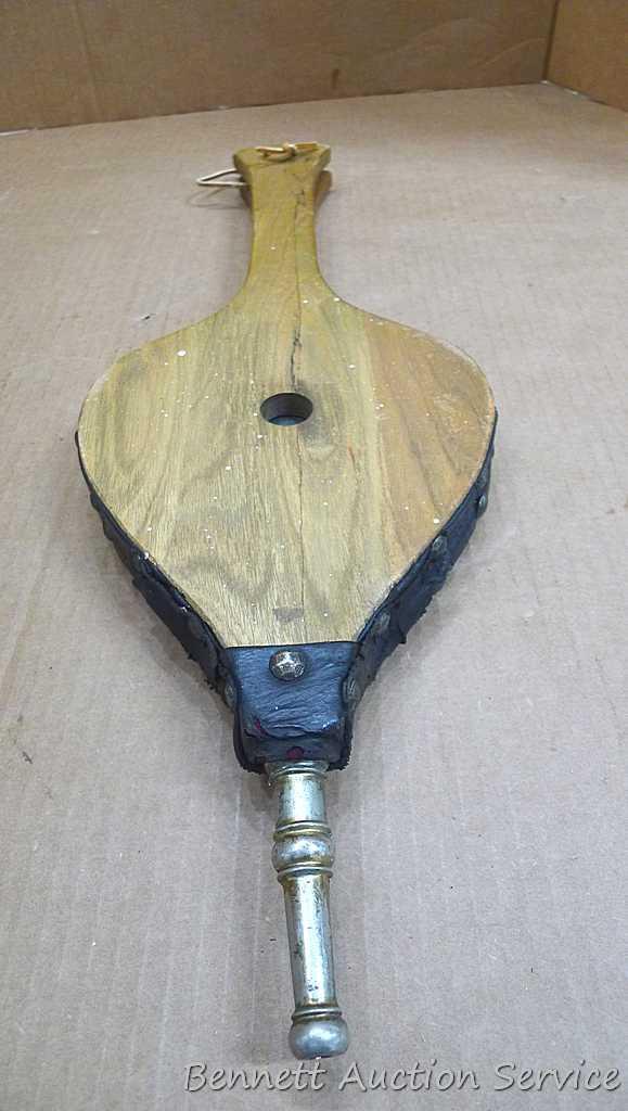 Two fireplace bellows up to 22" long. Small cracking noted on leather of larger ones, but both blow