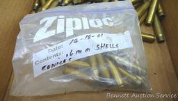 Six Remington Peters 12 gauge shotshells; empty brass incl 8mm Mauser, 6mm Remington, .32 Remington,