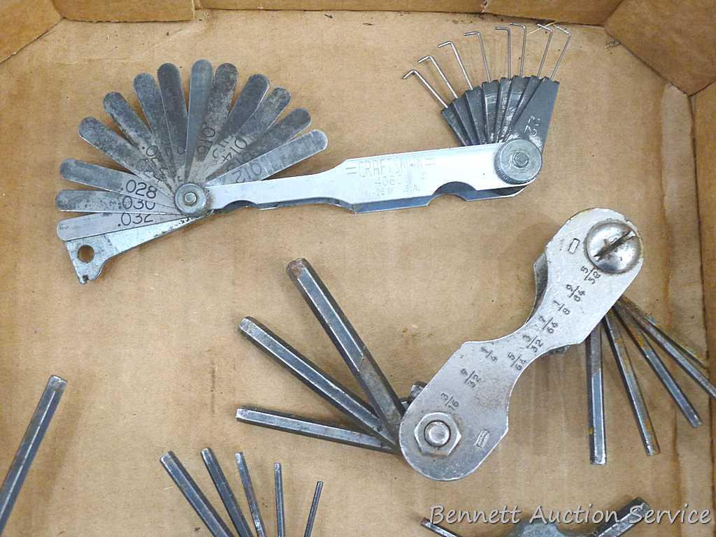 Craftsman and other feeler gauges, hex wrench sets, measuring tapes, plus a 3" miniature oil bottle.