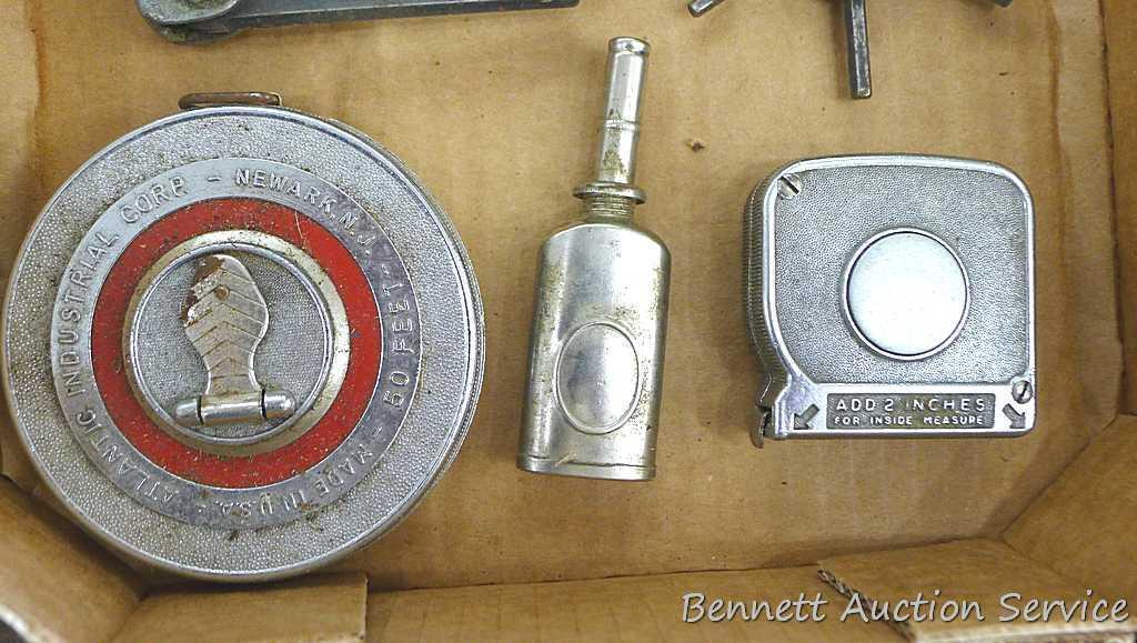 Craftsman and other feeler gauges, hex wrench sets, measuring tapes, plus a 3" miniature oil bottle.