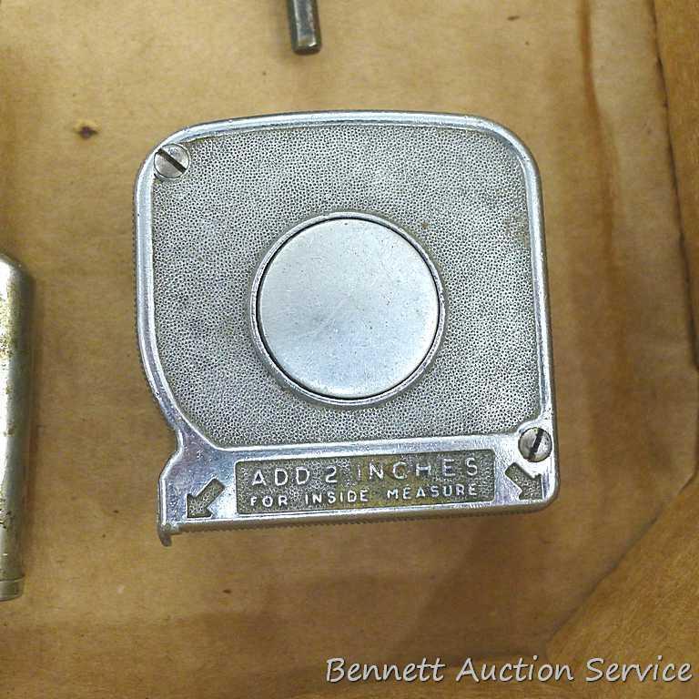 Craftsman and other feeler gauges, hex wrench sets, measuring tapes, plus a 3" miniature oil bottle.