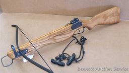 Powermaster crossbow has a nice hardwood stock and is about 3' long overall, 32" wide. Back sight