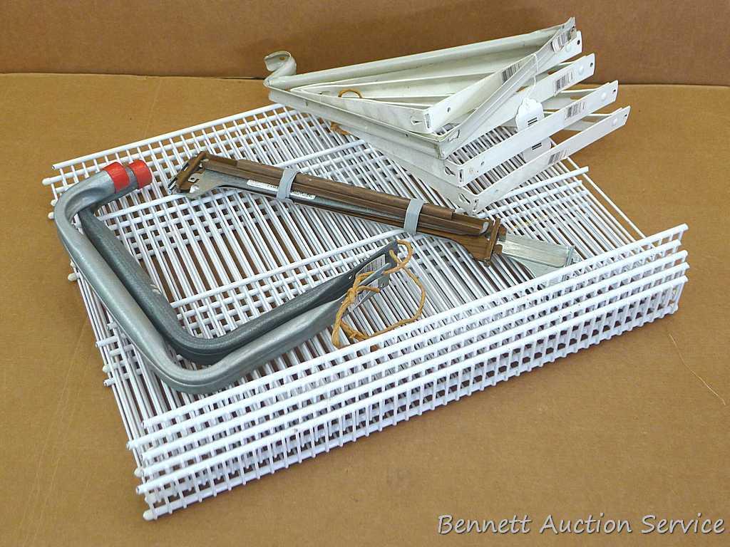 Shelf brackets, wire closet shelving, storage hooks, more. Closet shelving is about 21" x 16".