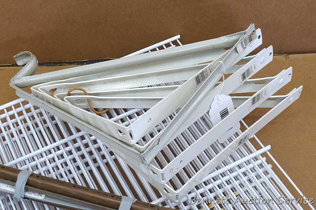 Shelf brackets, wire closet shelving, storage hooks, more. Closet shelving is about 21" x 16".