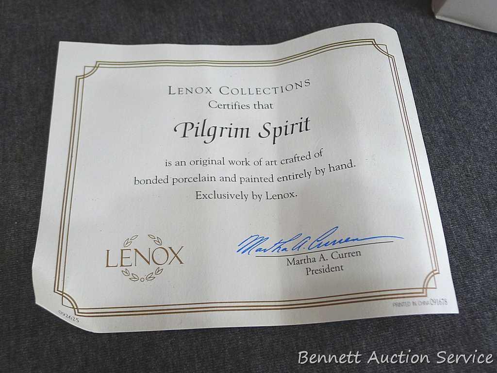 Two Lenox figurines incl Autumn Breeze Scarecrow and Pilgrim Spirit. Both come with COAs and boxes.