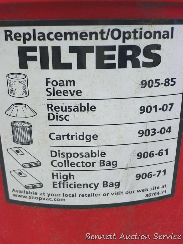 5 gallon 1.5 HP wet and dry shop vac. Shop vac has some sludge in bottom of canister, but has