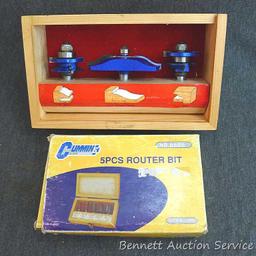 Cabinet makers router or shaper bit set for cabinet doors have carbide edges, ball bearing guides,
