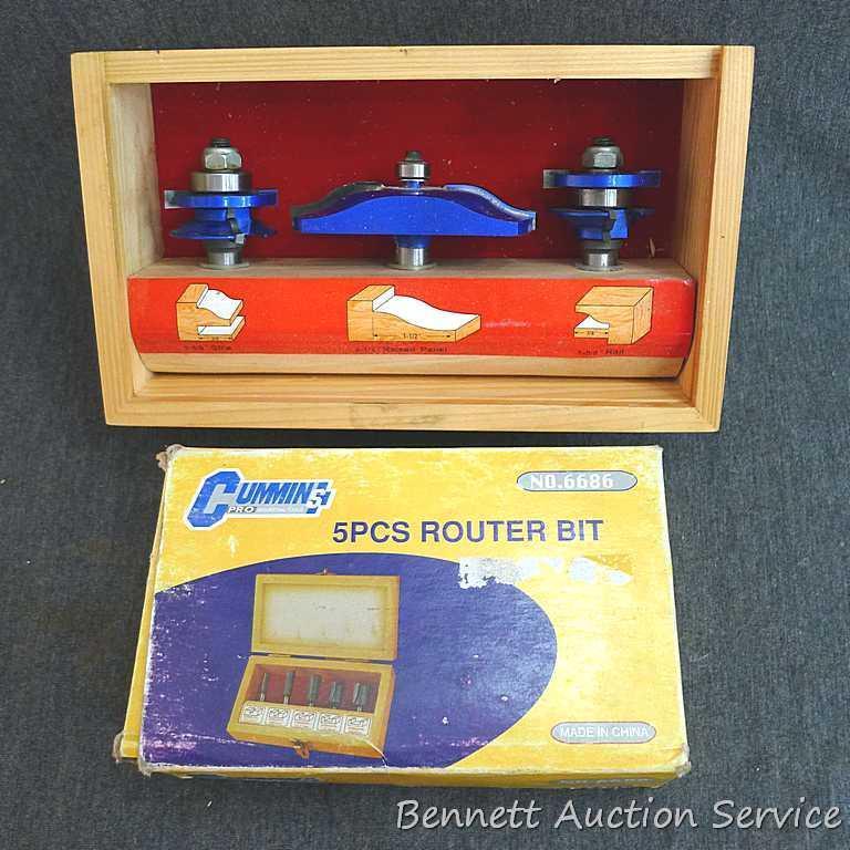 Cabinet makers router or shaper bit set for cabinet doors have carbide edges, ball bearing guides,