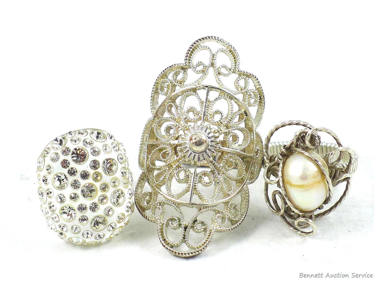 Three dainty silver colored rings size 7-1/2, 9, and 8-1/2. Cute pieces to add to your collection!