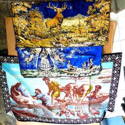Velvet wall tapestries, scenes include Jesus in a boat, angels, and a deer. Tapestries are in good