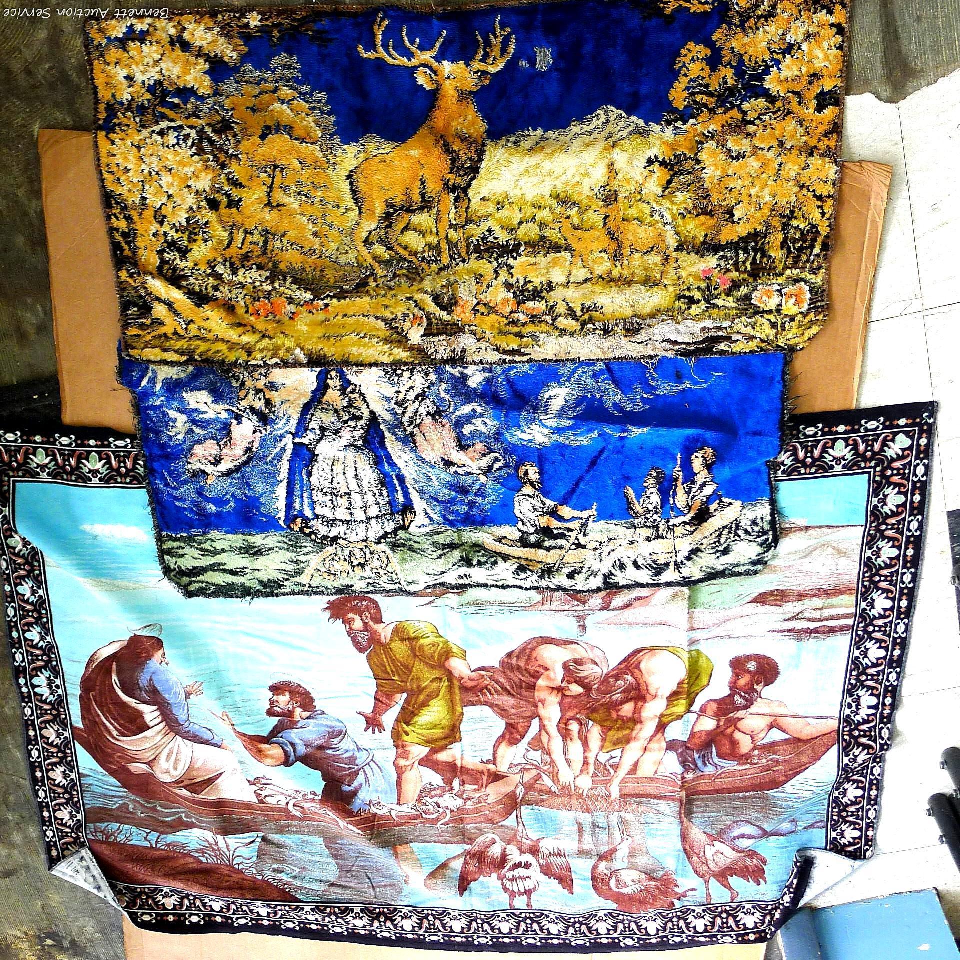 Velvet wall tapestries, scenes include Jesus in a boat, angels, and a deer. Tapestries are in good