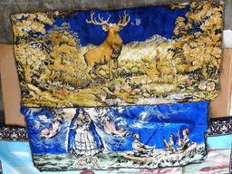 Velvet wall tapestries, scenes include Jesus in a boat, angels, and a deer. Tapestries are in good