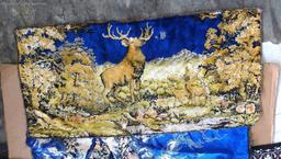 Velvet wall tapestries, scenes include Jesus in a boat, angels, and a deer. Tapestries are in good