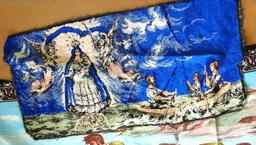 Velvet wall tapestries, scenes include Jesus in a boat, angels, and a deer. Tapestries are in good