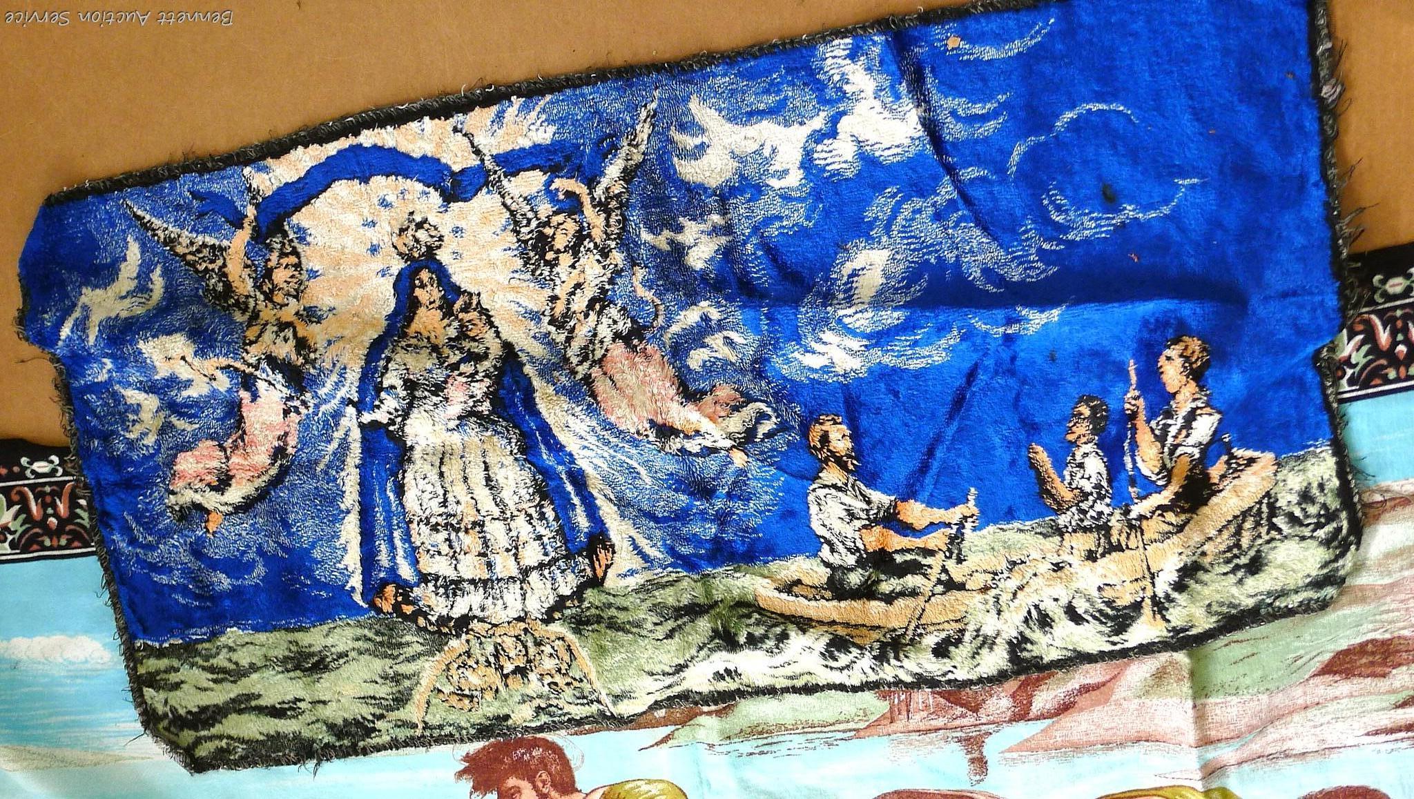 Velvet wall tapestries, scenes include Jesus in a boat, angels, and a deer. Tapestries are in good