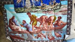 Velvet wall tapestries, scenes include Jesus in a boat, angels, and a deer. Tapestries are in good